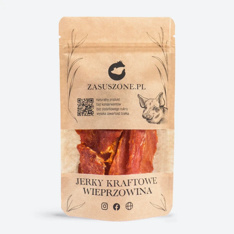 Suszone mięso ostra wieprzowina 40g, suszone mięso wieprzowina ostra 40g - paczka zawiera suszoną wieprzowinę tak zwane pikantne Jerky wieprzowe od Zasuszone.pl