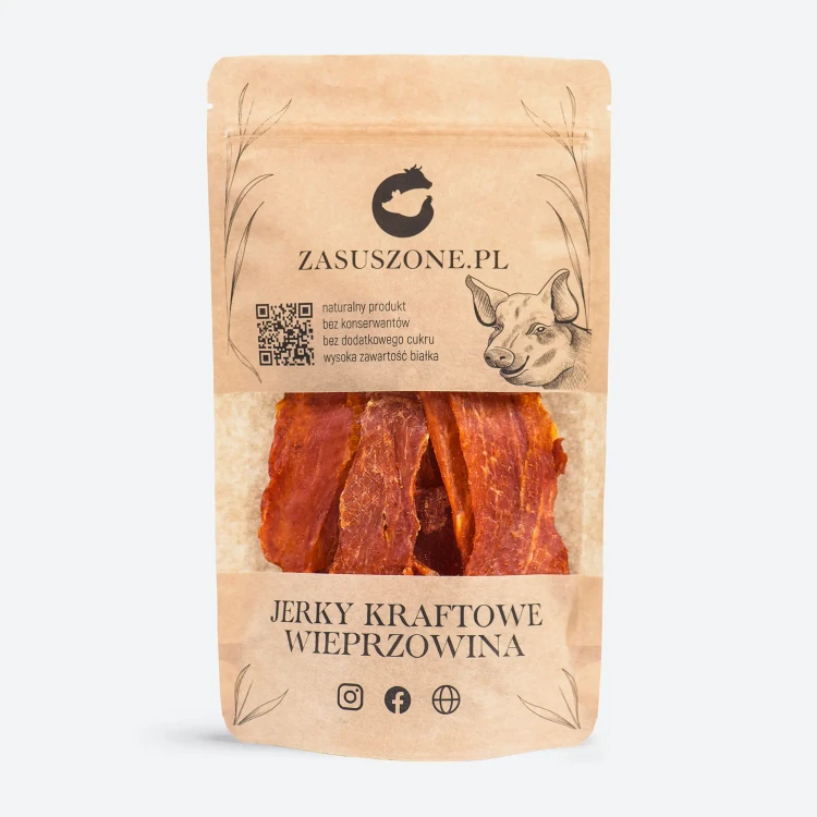 Suszone mięso ostra wieprzowina 90g, suszone mięso wieprzowina ostra 90g - paczka zawiera suszoną wieprzowinę tak zwane pikantne Jerky wieprzowe od Zasuszone.pl